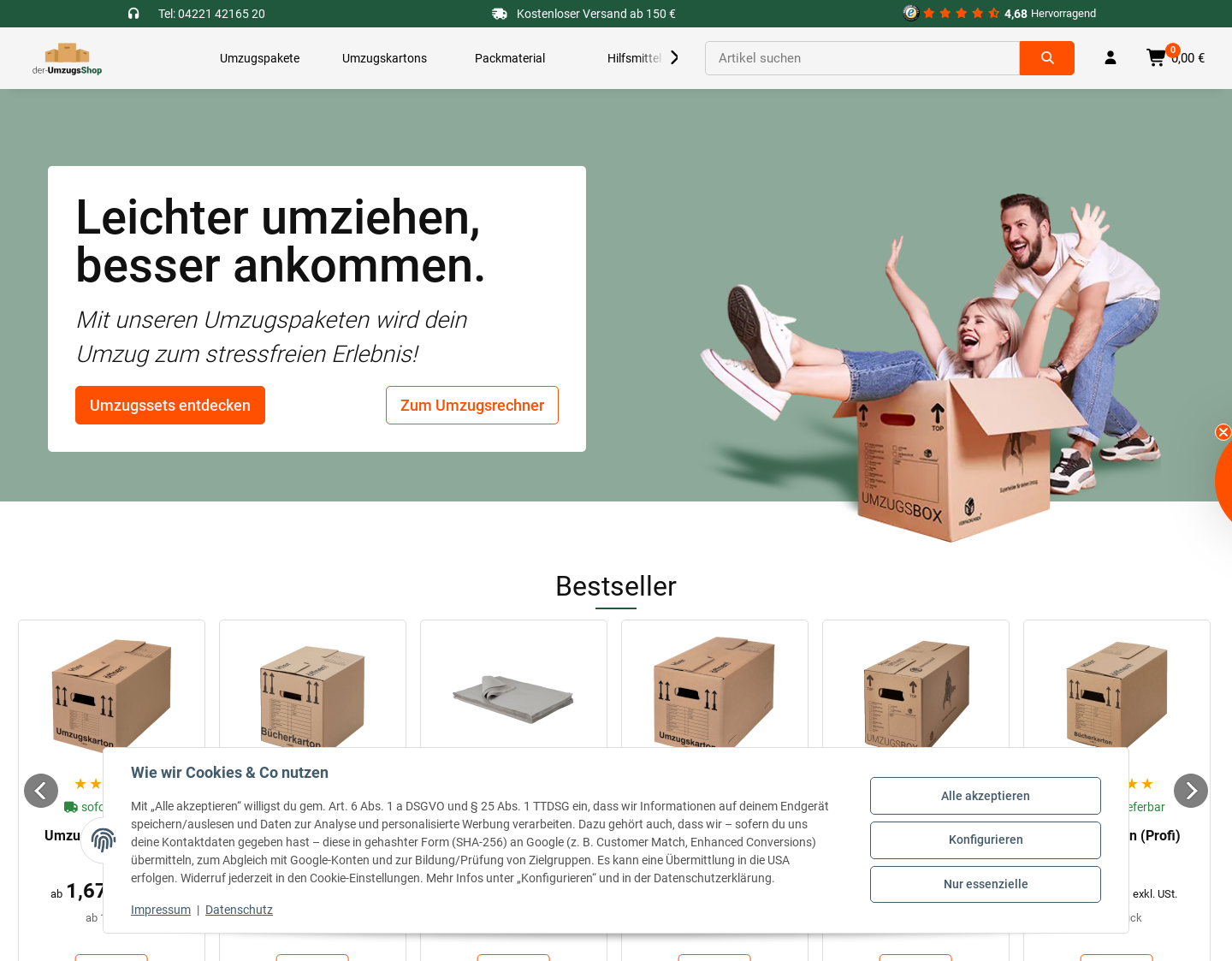 Aktuelle Website-Vorschau von Der Umzugsshop - Umzugskartons & Zubehör