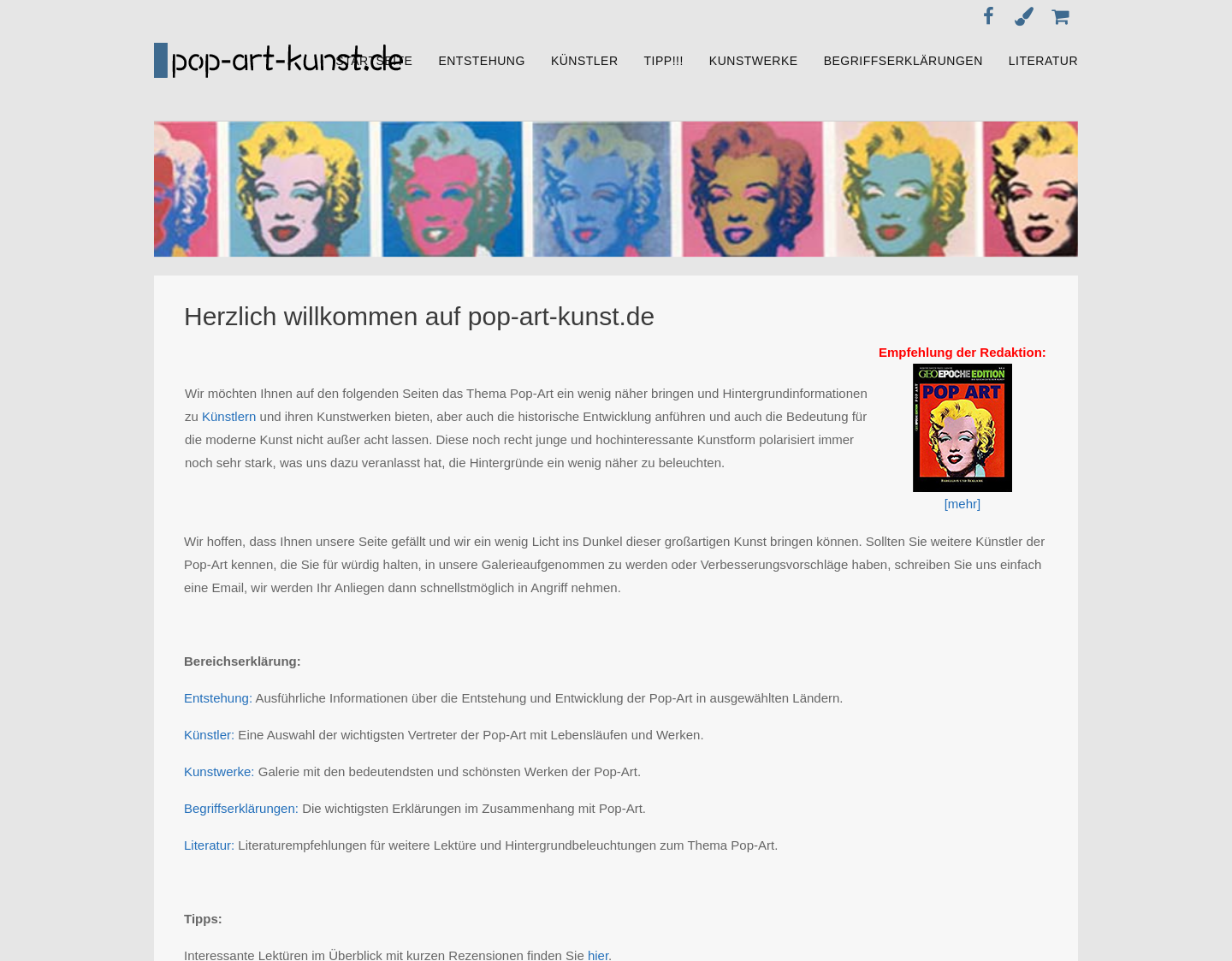 Aktuelle Website-Vorschau von pop-art-kunst.de - Biografien, Kunstwerk