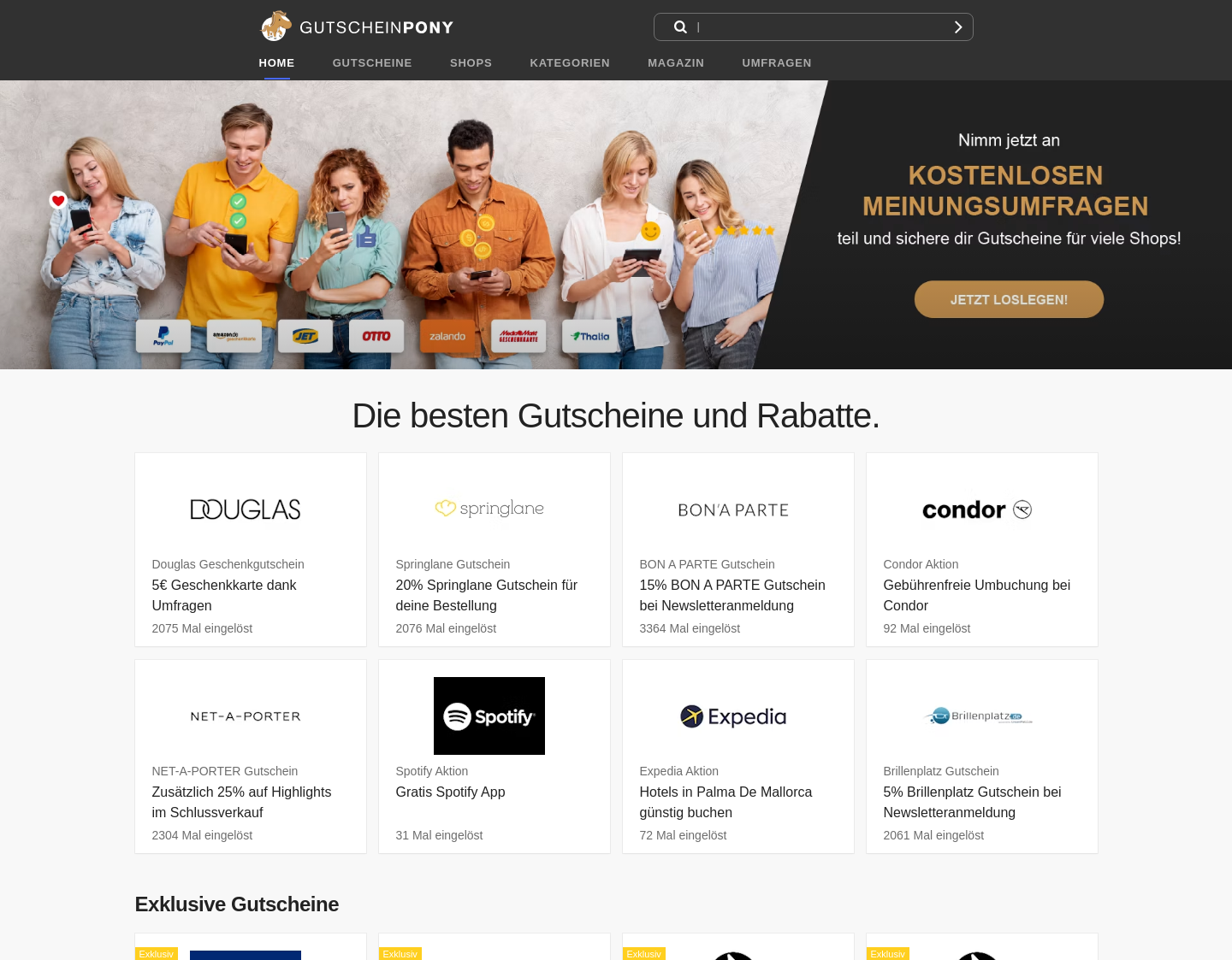 Aktuelle Website-Vorschau von Gutscheinpony, Gutscheine vom Testsieger