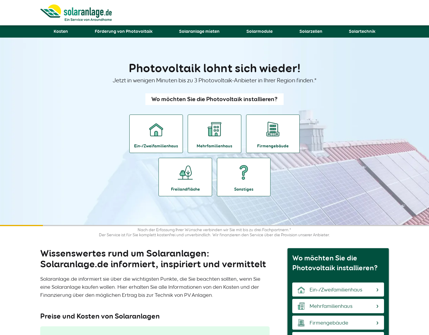 Aktuelle Website-Vorschau von Solaranlagen - Anfragen stellen