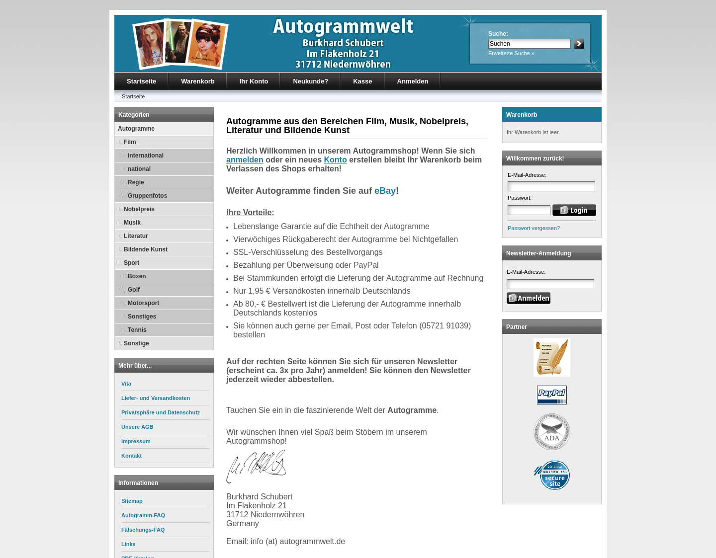 Aktuelle Website-Vorschau von Autogrammwelt