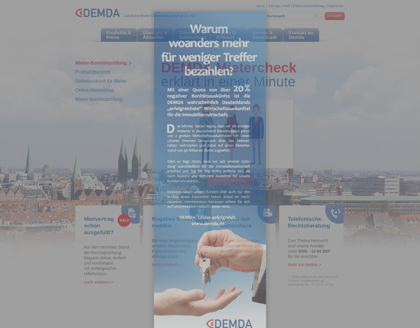 Aktuelle Website-Vorschau von Demda Mietercheck und Bonitätsprüfung