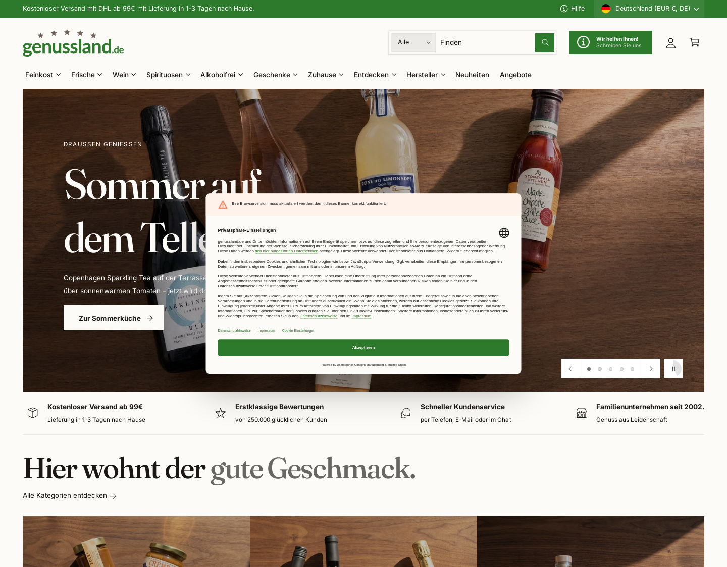 Aktuelle Website-Vorschau von www.genussland.de Wein Delikatessen