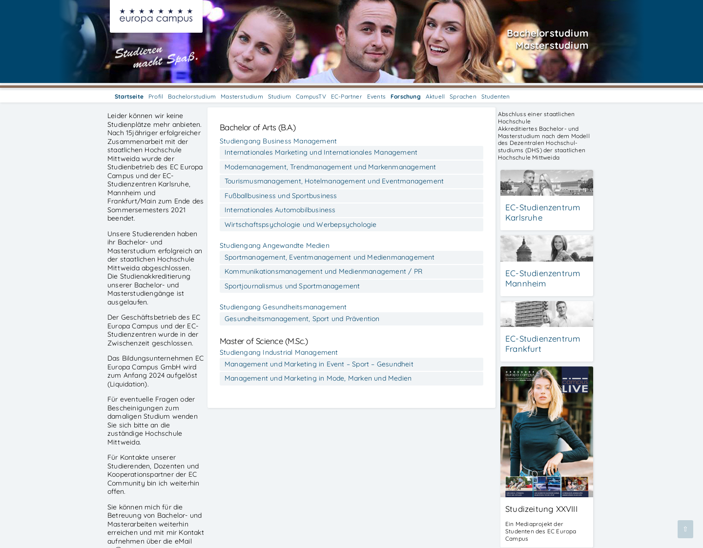 Aktuelle Website-Vorschau von EC-Europa-Campus - Bachelor Studium Medien