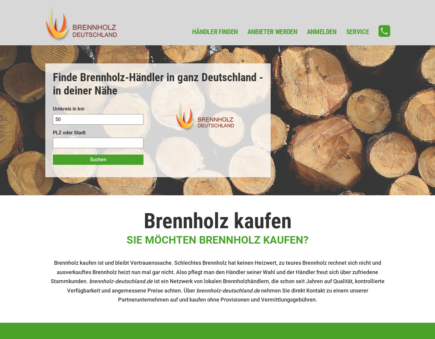 Aktuelle Website-Vorschau von Brennholz Deutschland - Kaminholz, Holzpellets