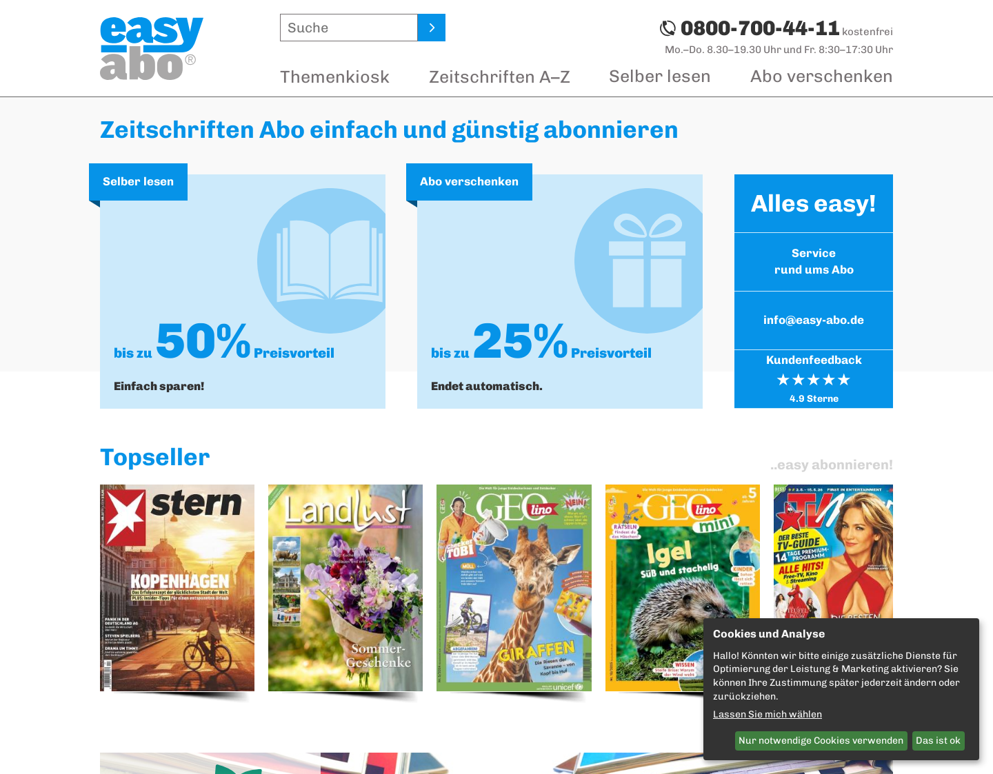 Aktuelle Website-Vorschau von easy abo zeitschriften service