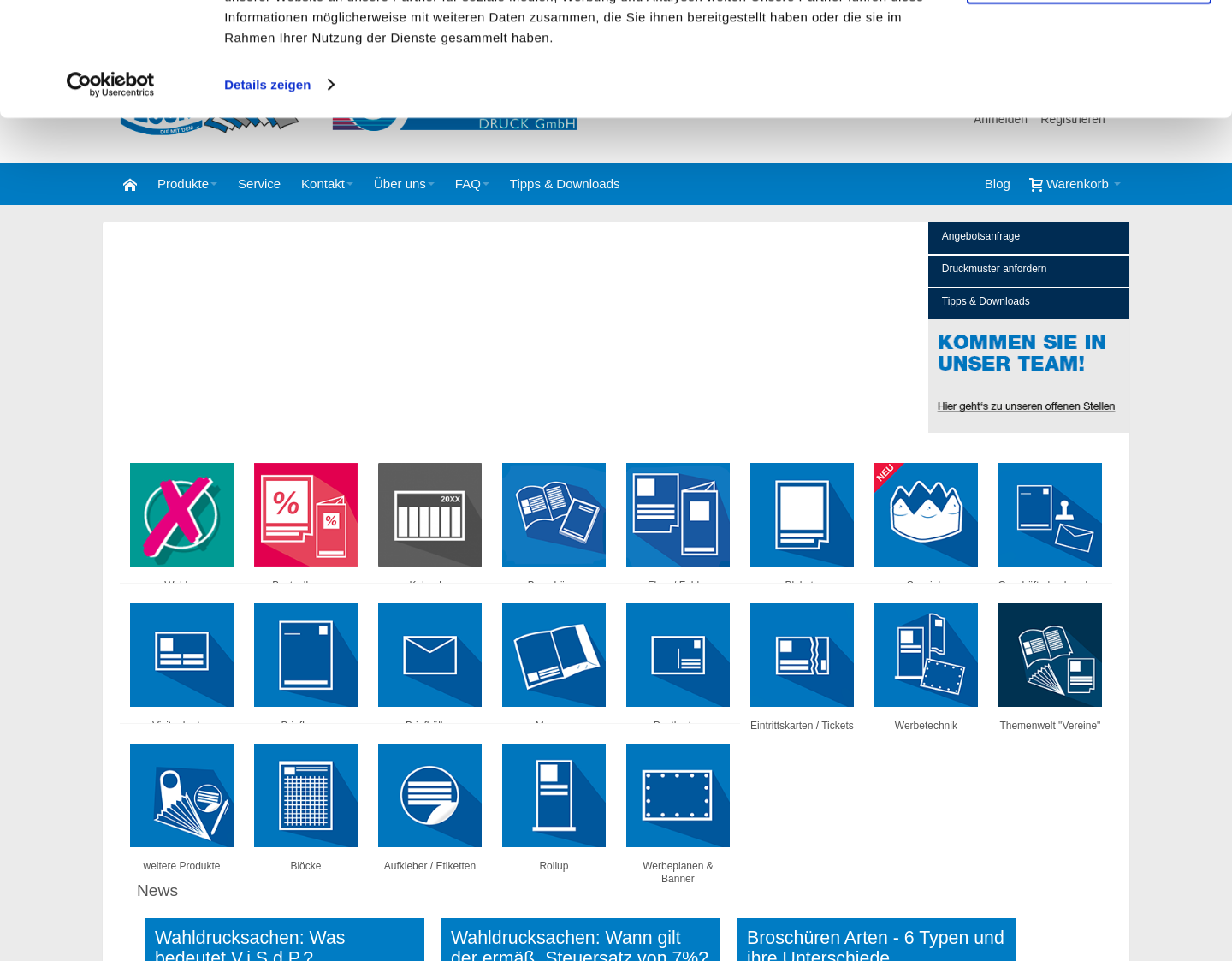 Aktuelle Website-Vorschau von Druckprodukte online kalkulieren