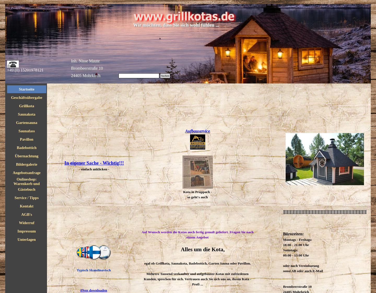 Aktuelle Website-Vorschau von Grillkotas, Fasssauna und mehr