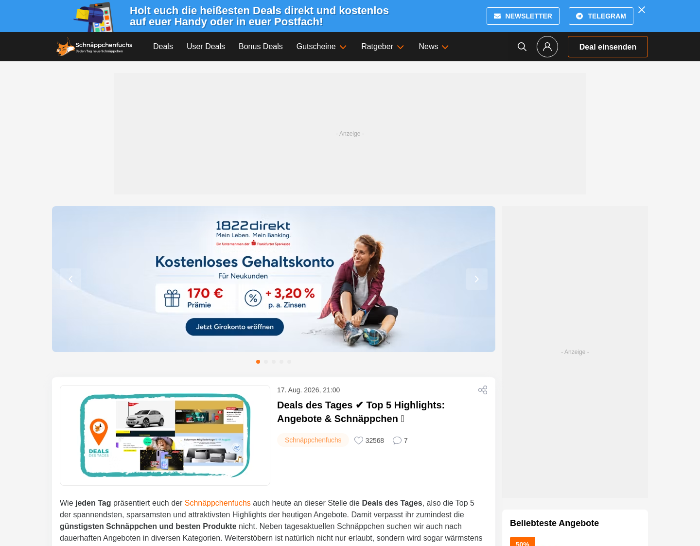 Aktuelle Website-Vorschau von Schnäppchen aller Art