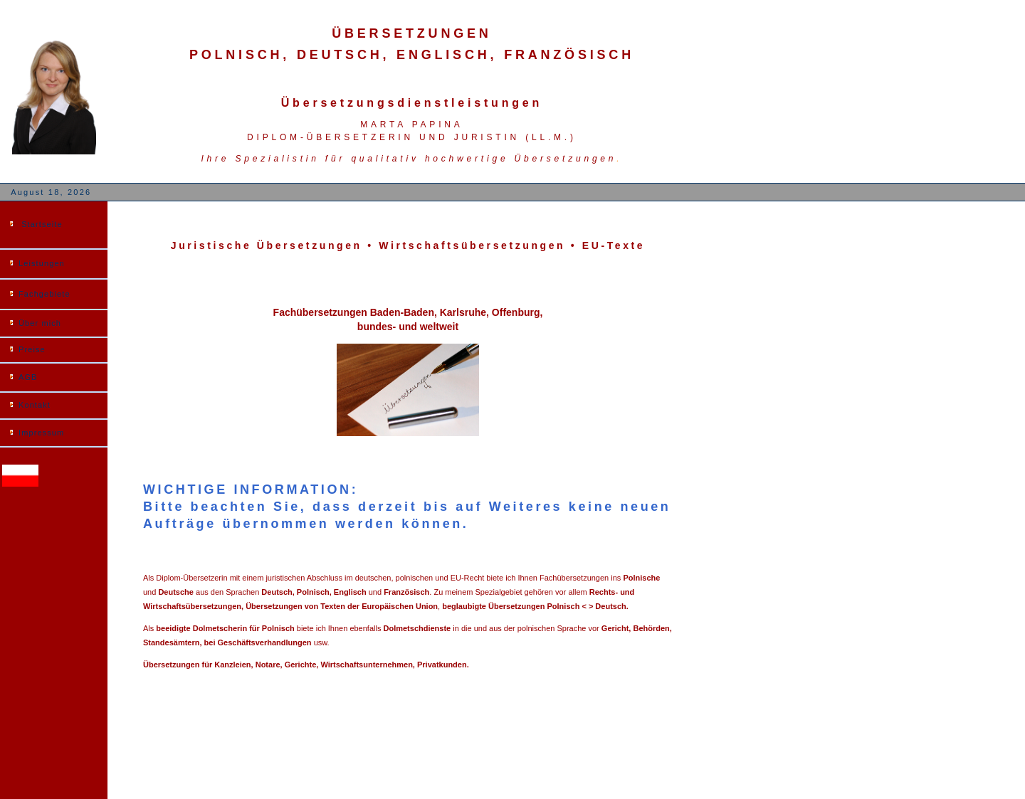 Aktuelle Website-Vorschau von Übersetzungen Polnisch Deutsch