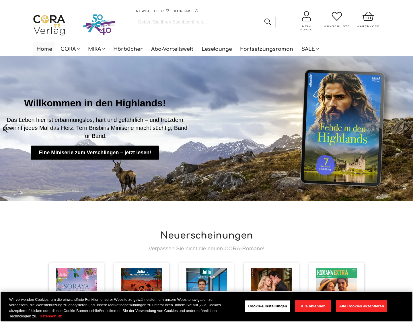 Aktuelle Website-Vorschau von Cora.de - Alles rund um Liebesroman
