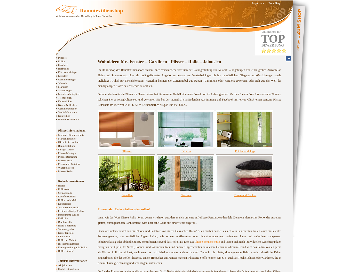 Aktuelle Website-Vorschau von Plissees und anderer Sonnenschutz