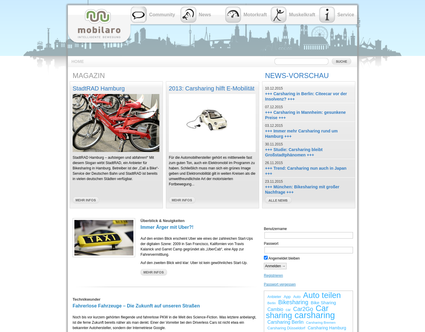 Aktuelle Website-Vorschau von Carsharing, Bikesharing und alternative Antriebsar