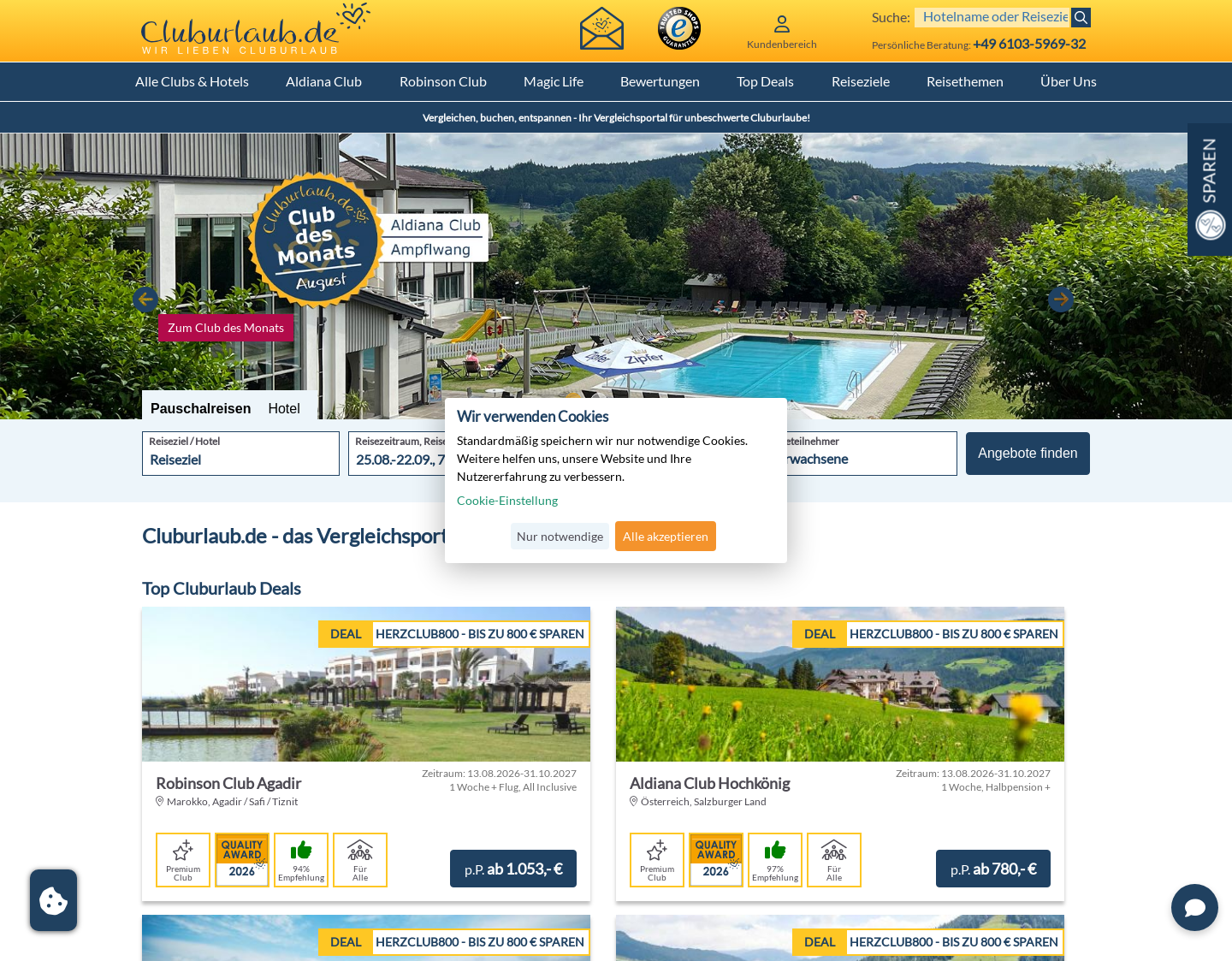 Aktuelle Website-Vorschau von Reiseanbieter Cluburlaub.de