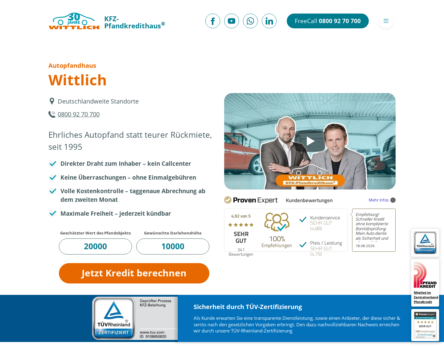 Aktuelle Website-Vorschau von KFZ-Pfandkredithaus Wittlich