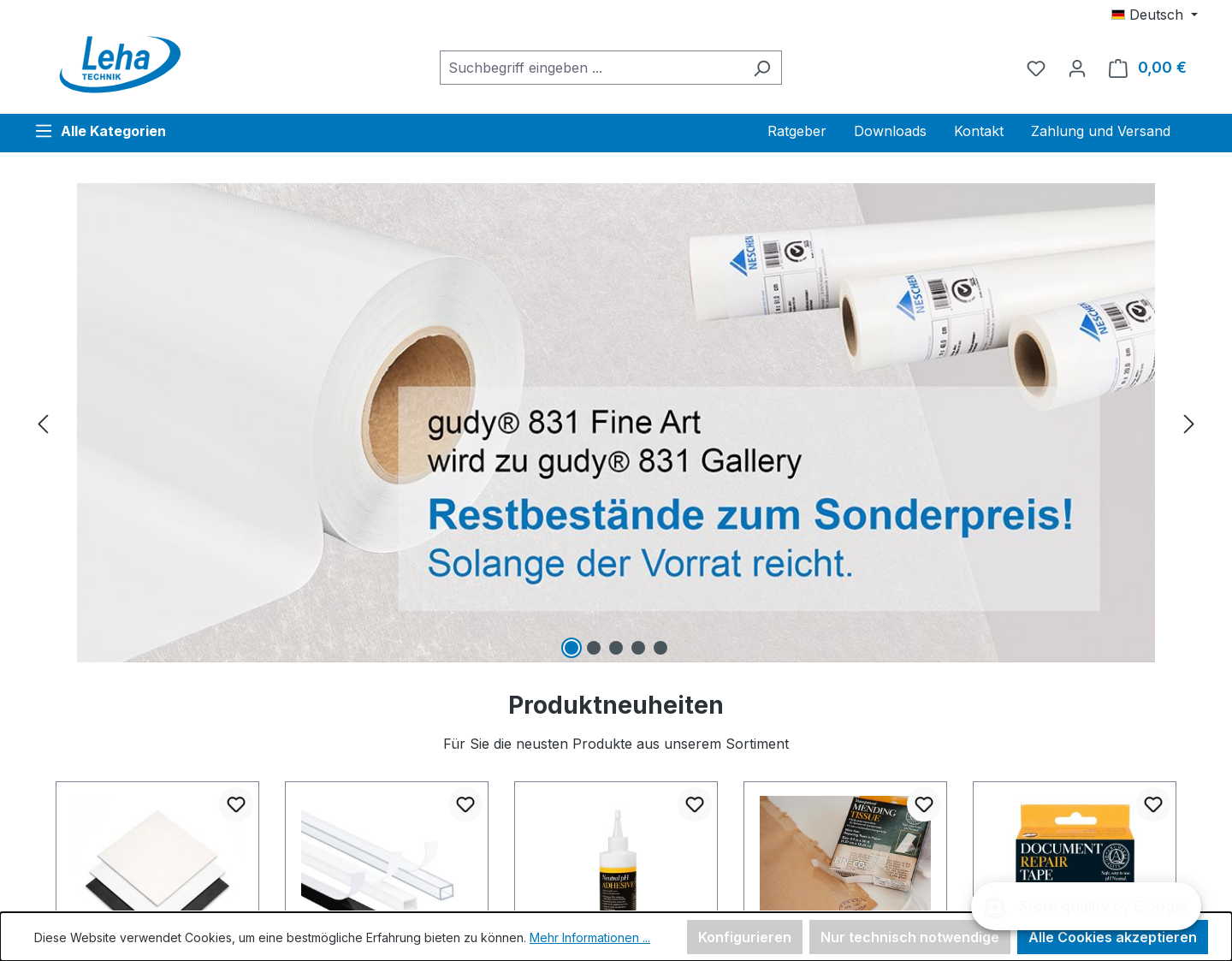 Aktuelle Website-Vorschau von Leha-Technik Webshop - Bilderschienen Galeriebedar