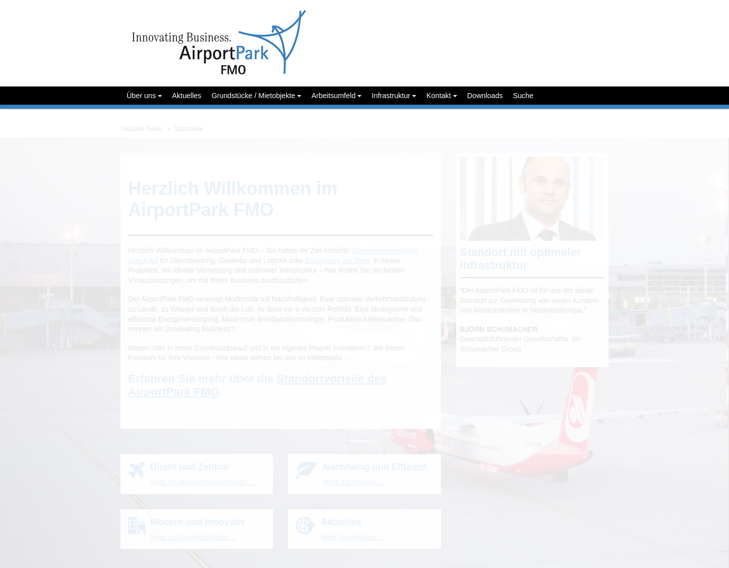 Aktuelle Website-Vorschau von Gewerbeflächen am Flughafen Münster