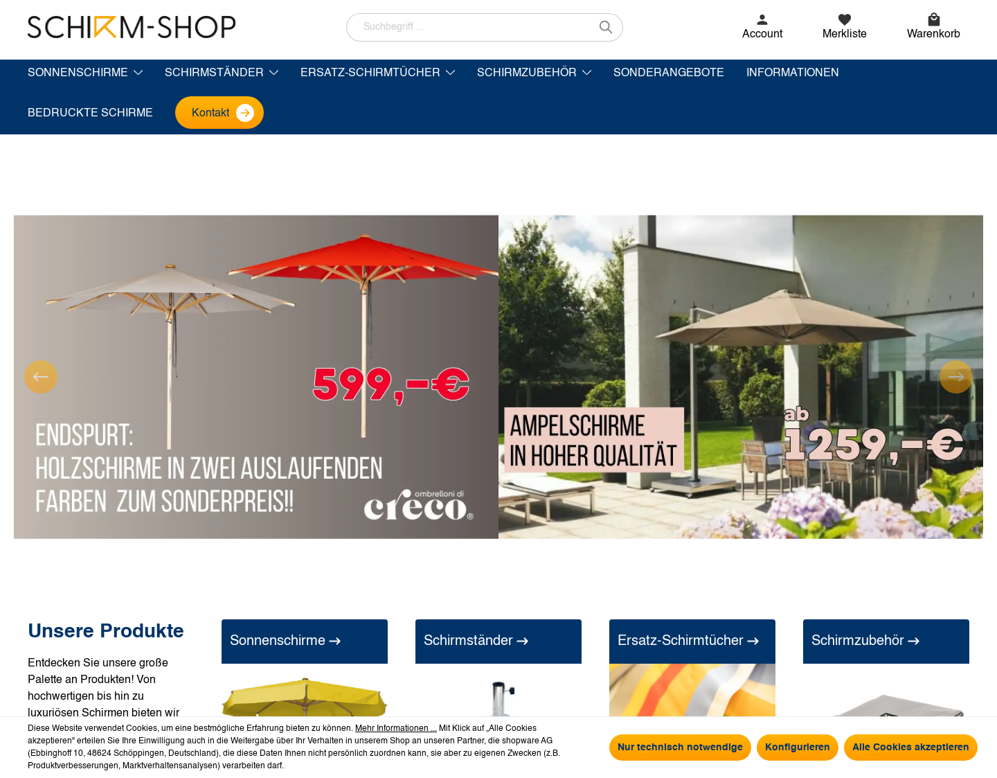 Aktuelle Website-Vorschau von Gastro- und Markt- und Holzschirme