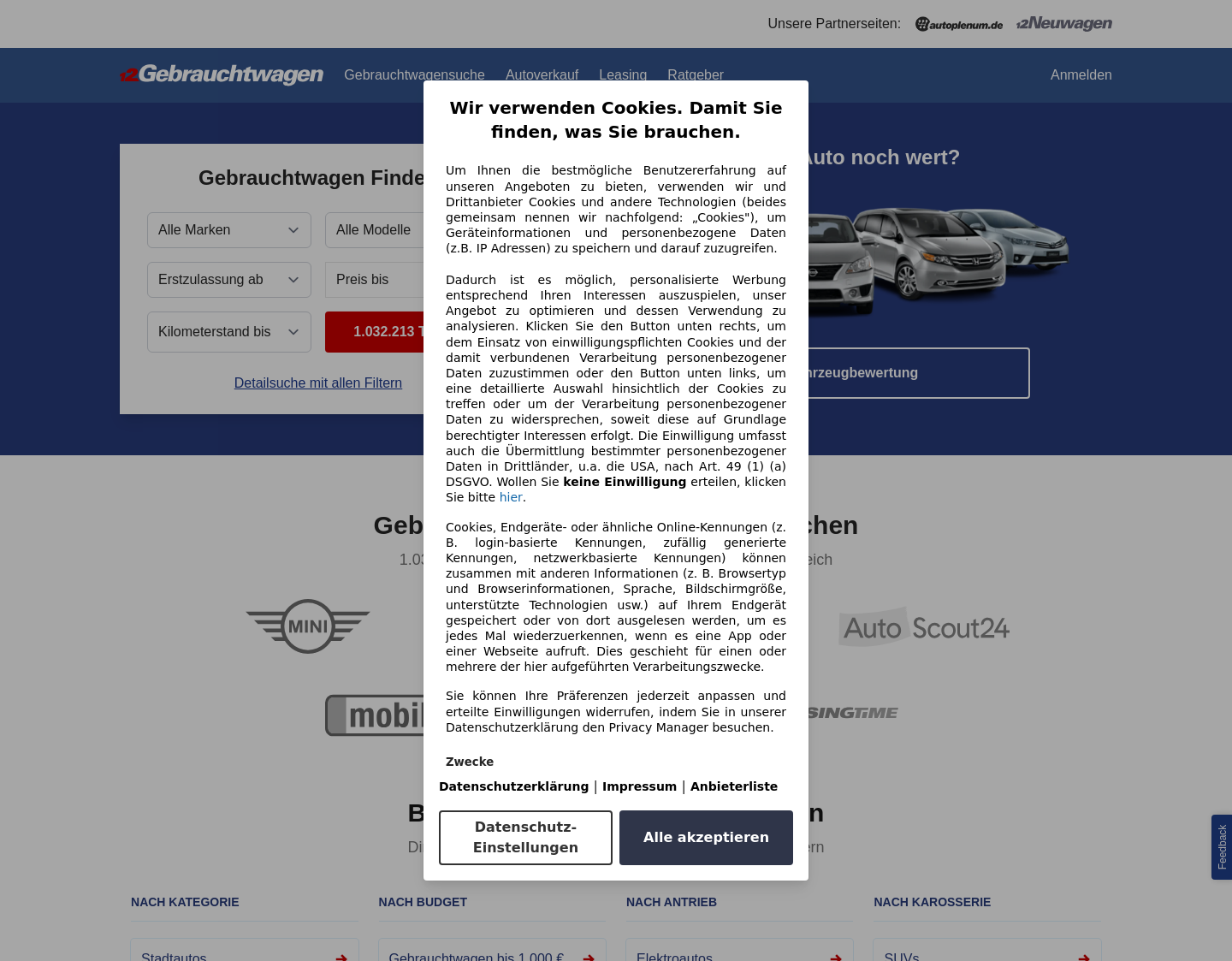 Aktuelle Website-Vorschau von Gebrauchtwagen