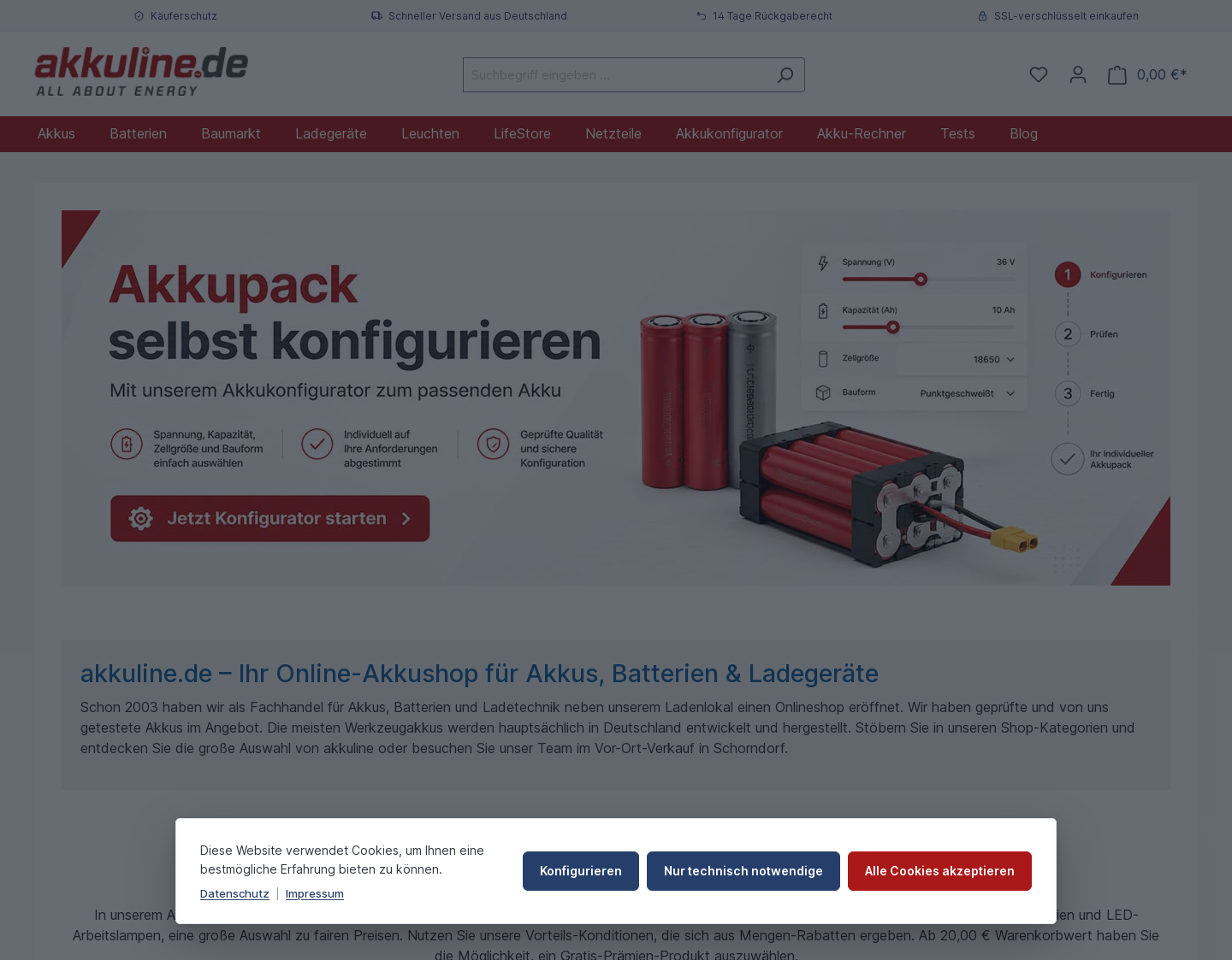 Aktuelle Website-Vorschau von Akkushop - Akkus, Batterien oder Akku-Ladegeräte