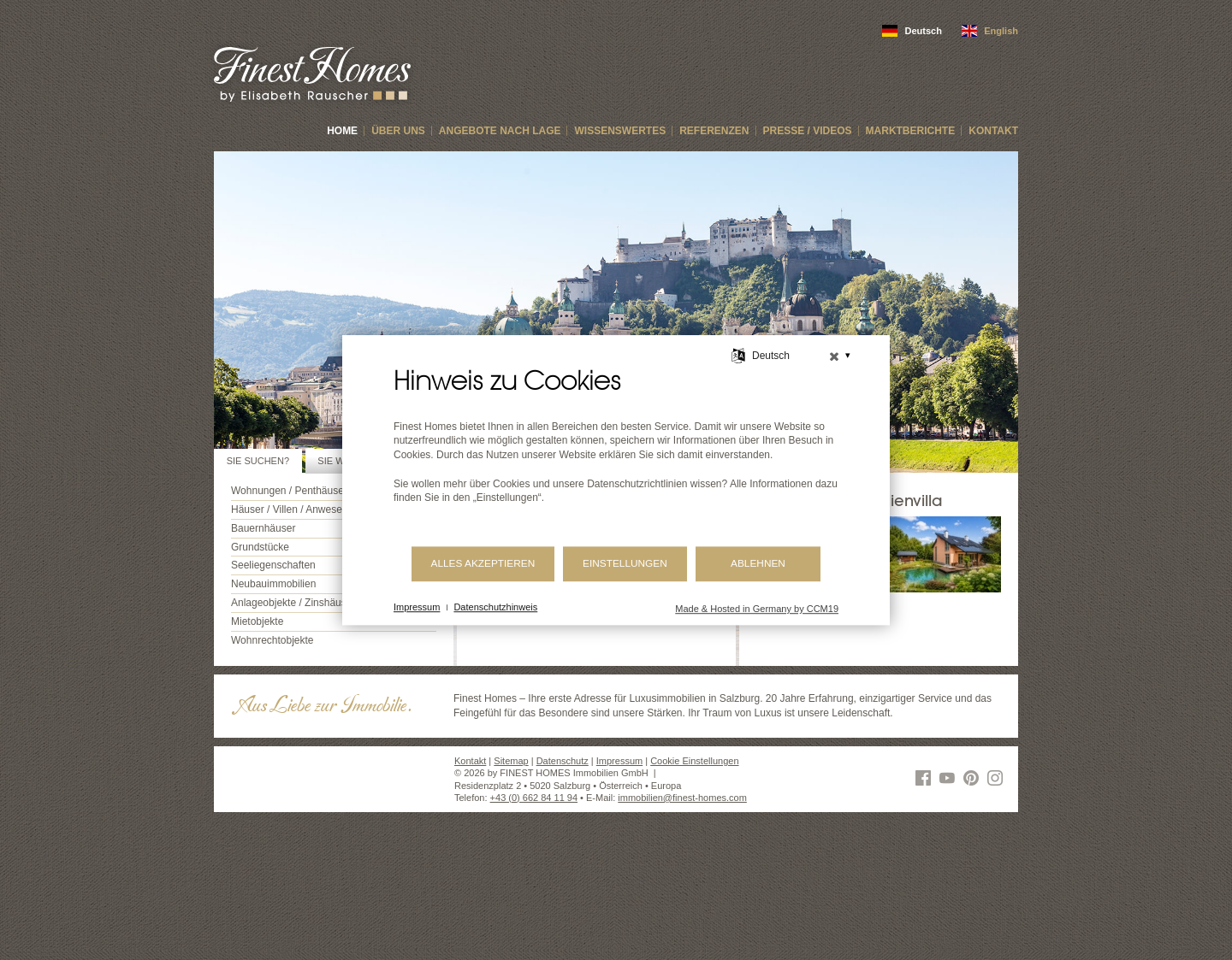 Aktuelle Website-Vorschau von Finest Homes Immobilien Salzburg