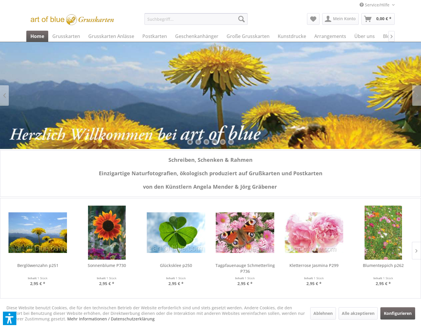 Aktuelle Website-Vorschau von art of blue Grußkarten