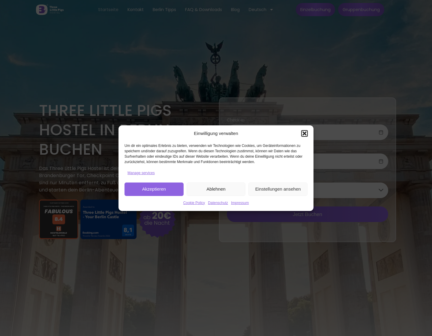 Aktuelle Website-Vorschau von Three Little Pigs HOSTEL BERLIN