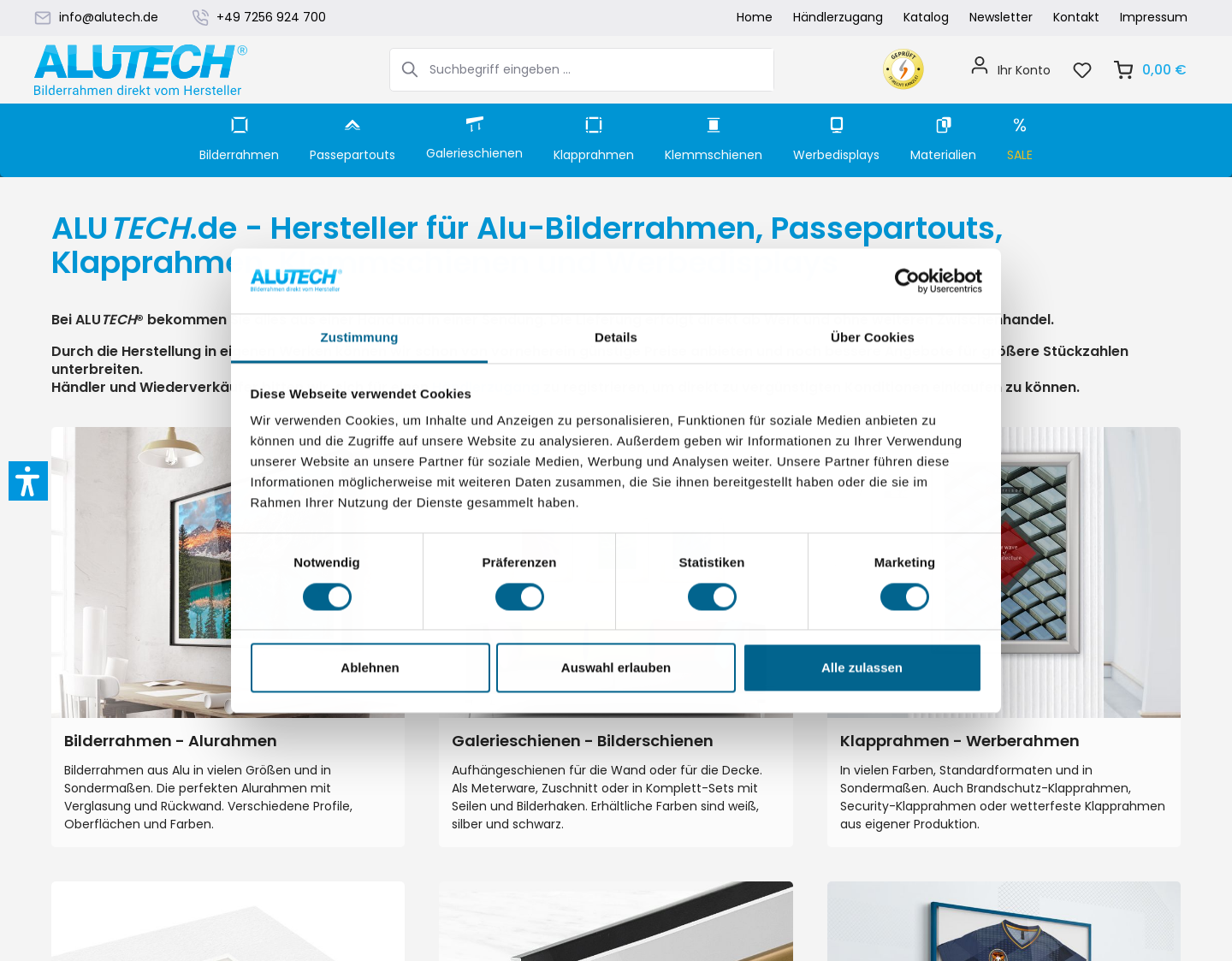 Aktuelle Website-Vorschau von Alutech.de - Der Bilderrahmenshop