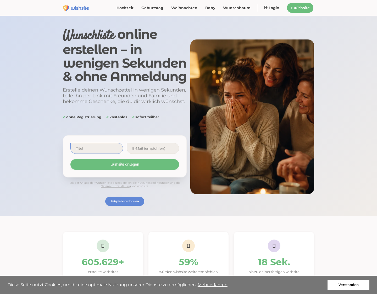 Aktuelle Website-Vorschau von Online-Wunschlisten / wishsite