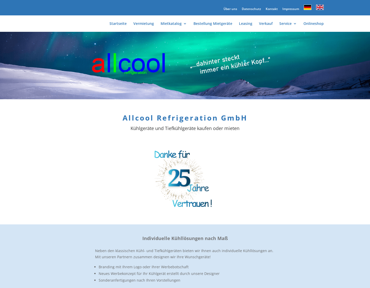Aktuelle Website-Vorschau von Allcool - Panoramakühlschrank