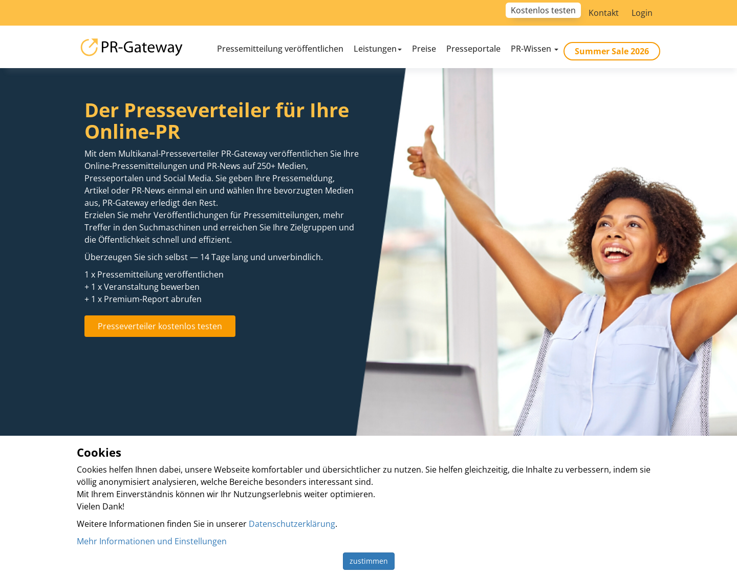 Aktuelle Website-Vorschau von PR-Gateway Online-Presseverteiler