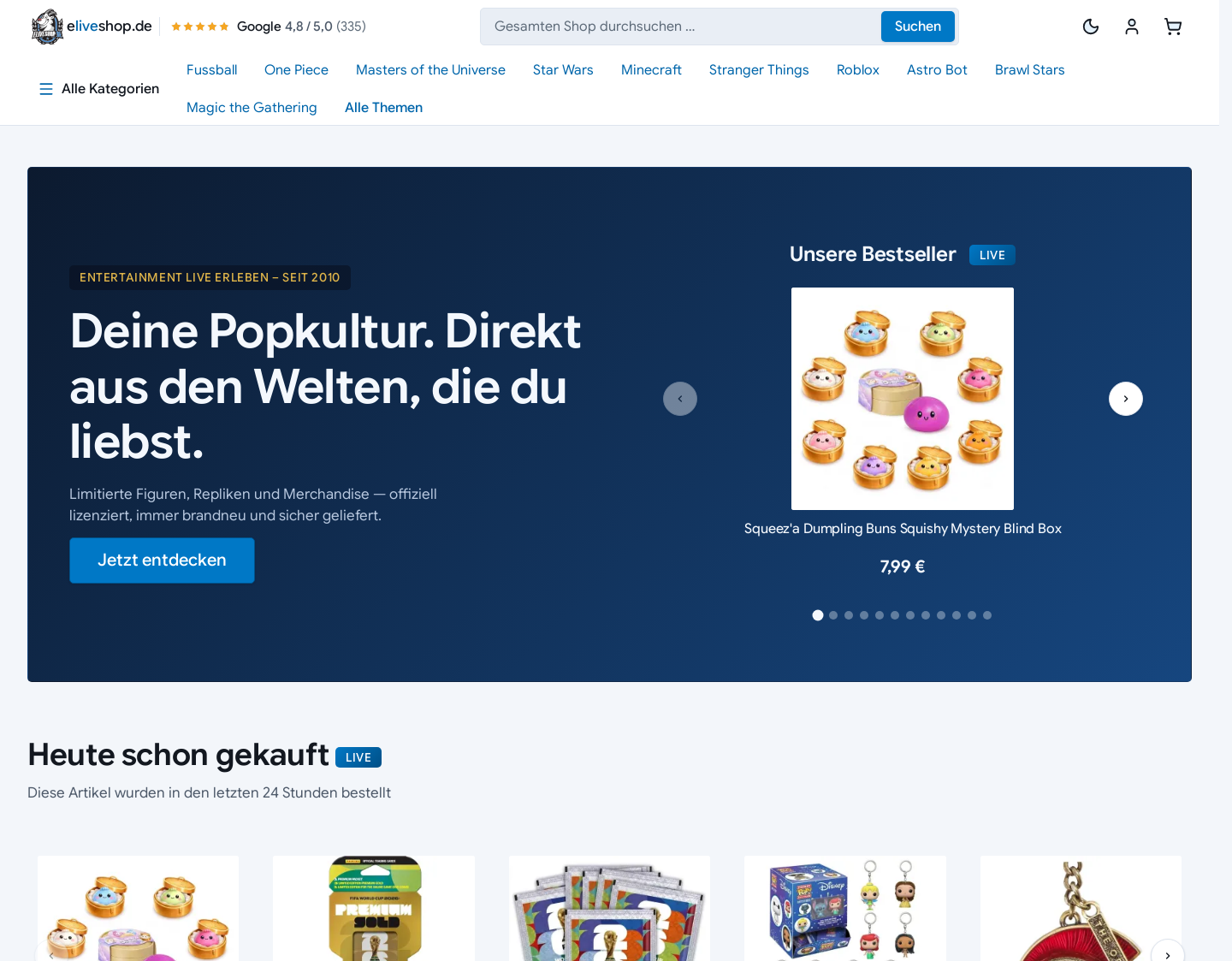 Aktuelle Website-Vorschau von ELIVESHOP Fanartikel