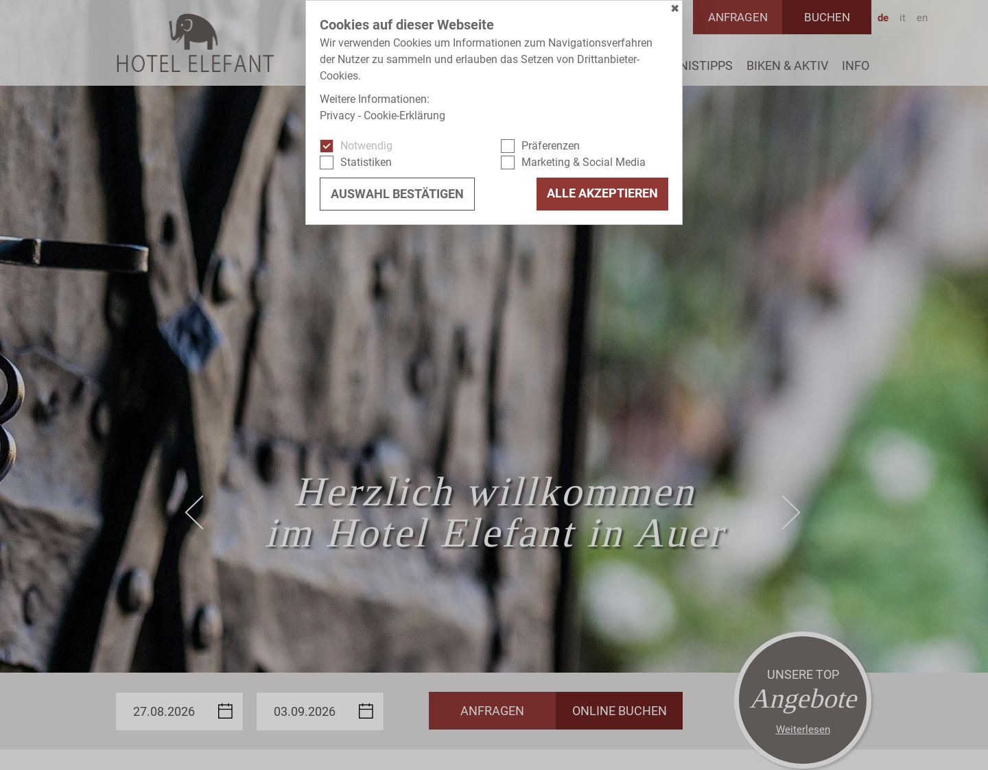 Aktuelle Website-Vorschau von Hotel Elefant