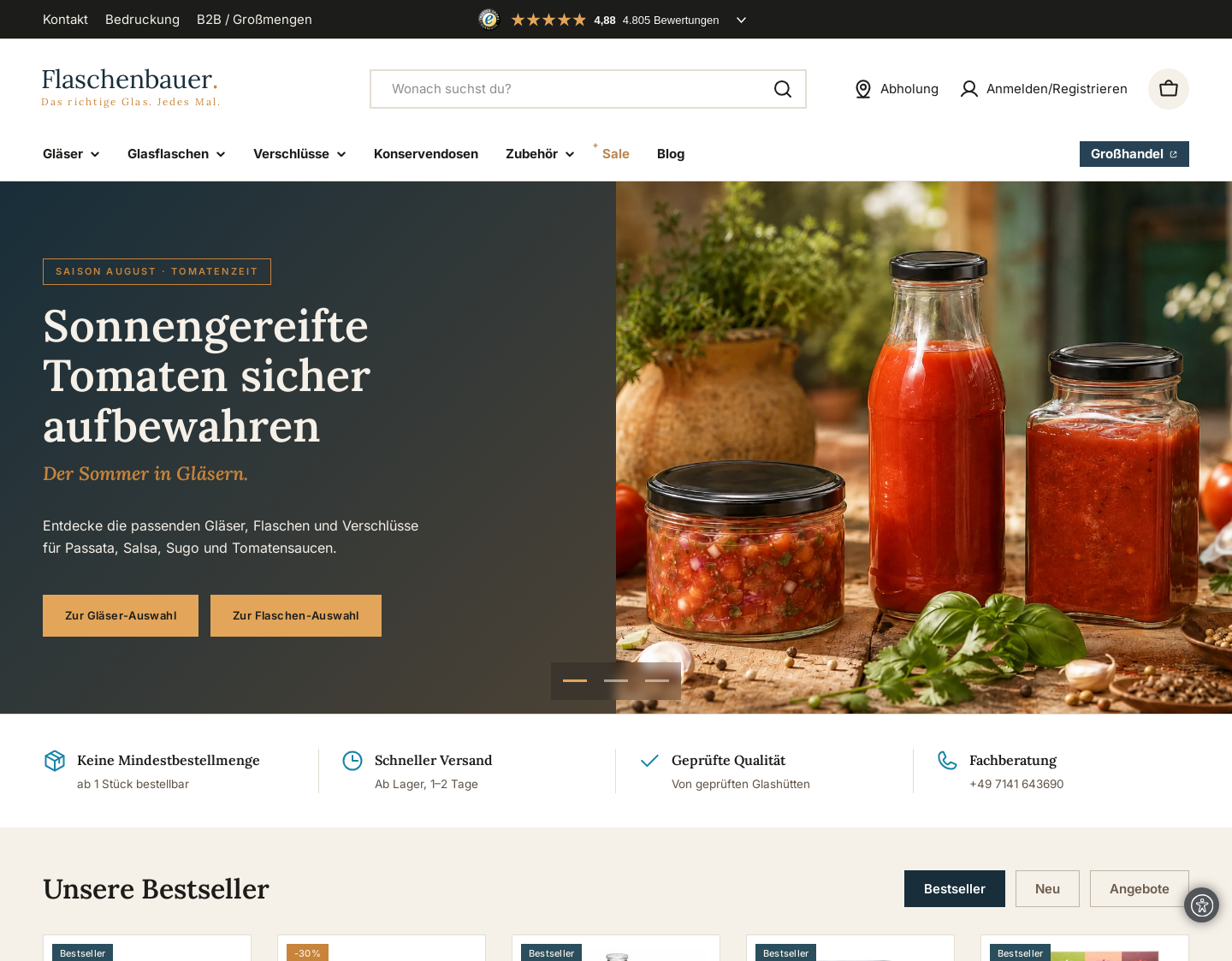 Aktuelle Website-Vorschau von Fachhandel für Gläser und Flaschen