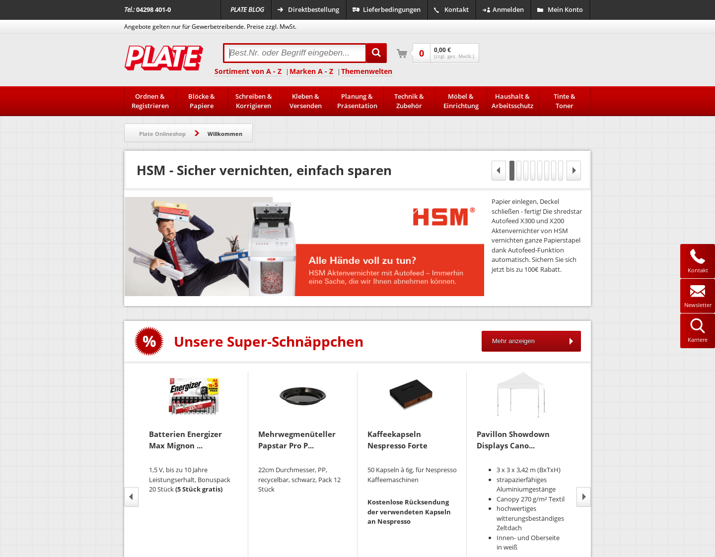 Aktuelle Website-Vorschau von PLATE Büroartikel