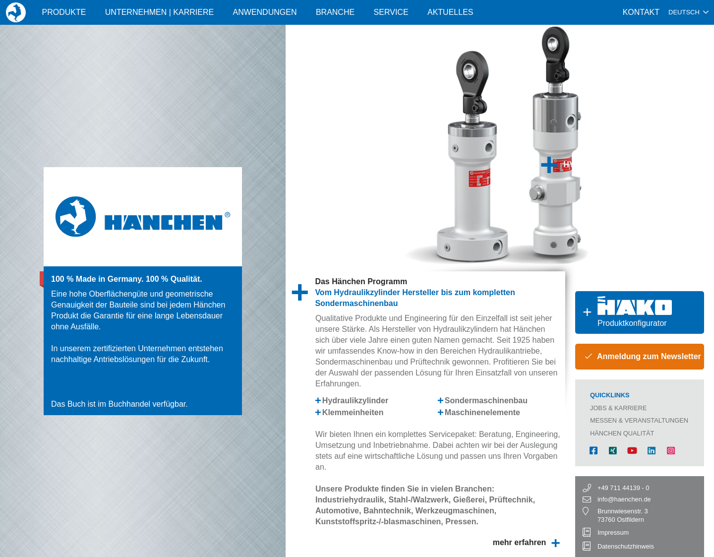 Aktuelle Website-Vorschau von Hänchen GmbH - Hydraulik Spezialist