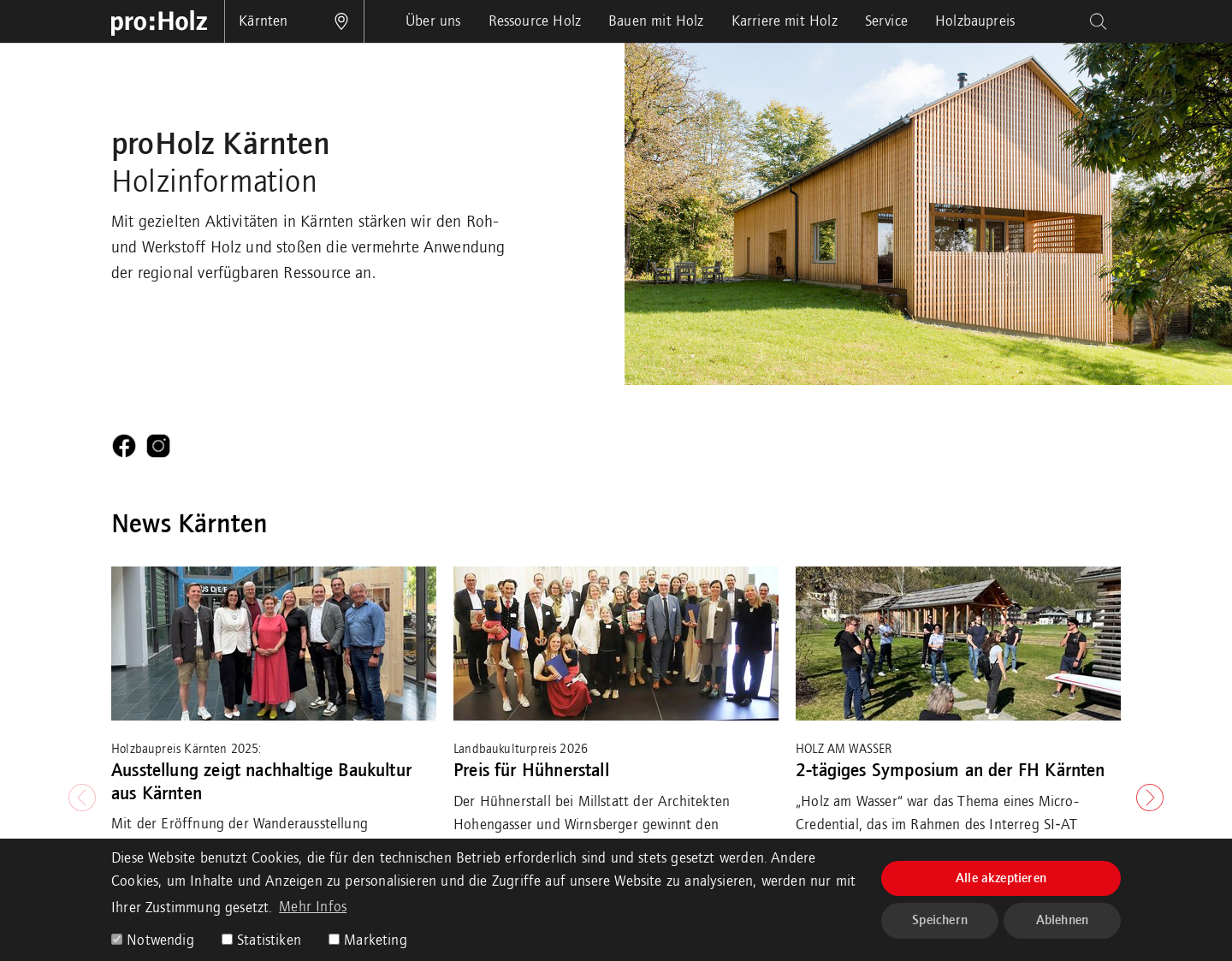 Aktuelle Website-Vorschau von proHolz Kärnten: Holzbau in Kärnten