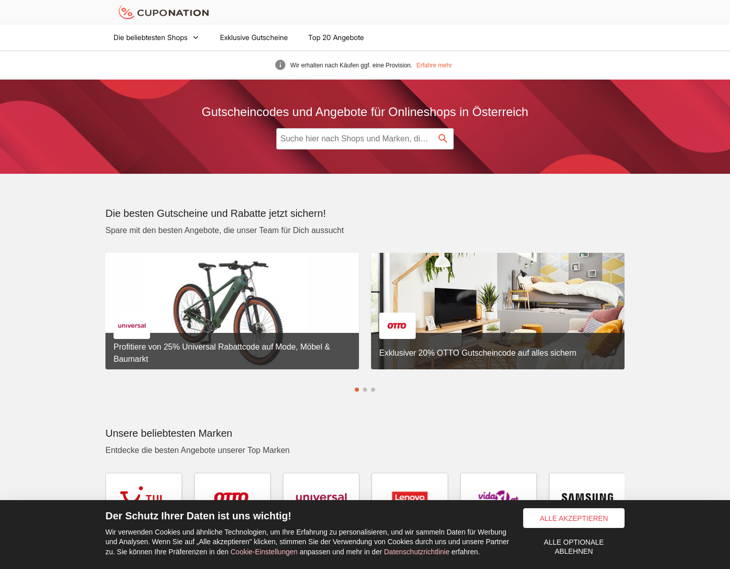 Aktuelle Website-Vorschau von CupoNation. Top Gutscheine