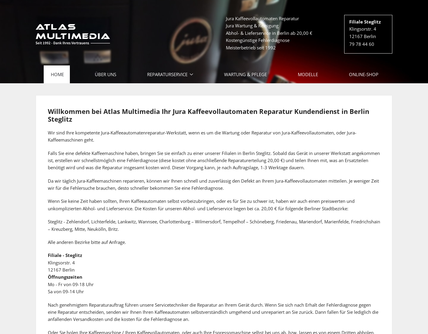Aktuelle Website-Vorschau von Jura Kaffeemaschinen Reparatur Berlin