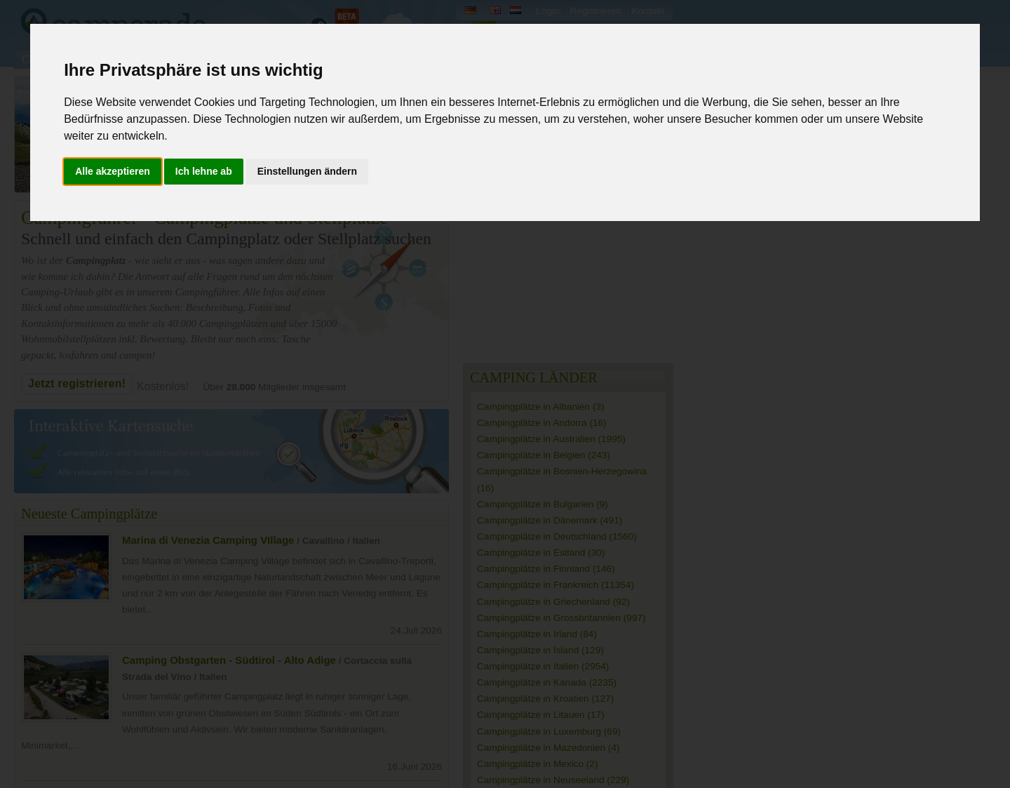 Aktuelle Website-Vorschau von Camperado.de Campingplätze