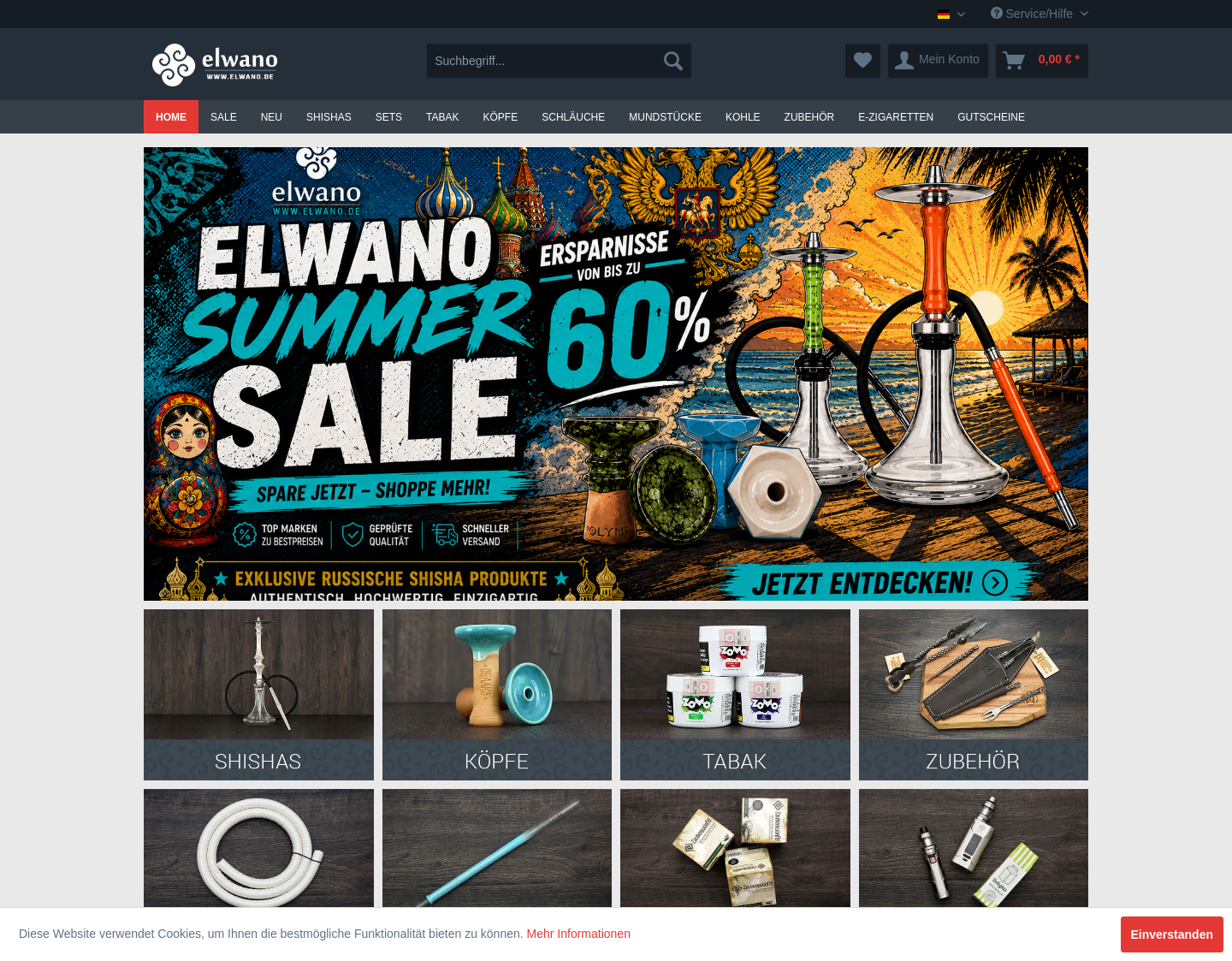 Aktuelle Website-Vorschau von ELWANO - Shisha-Shop