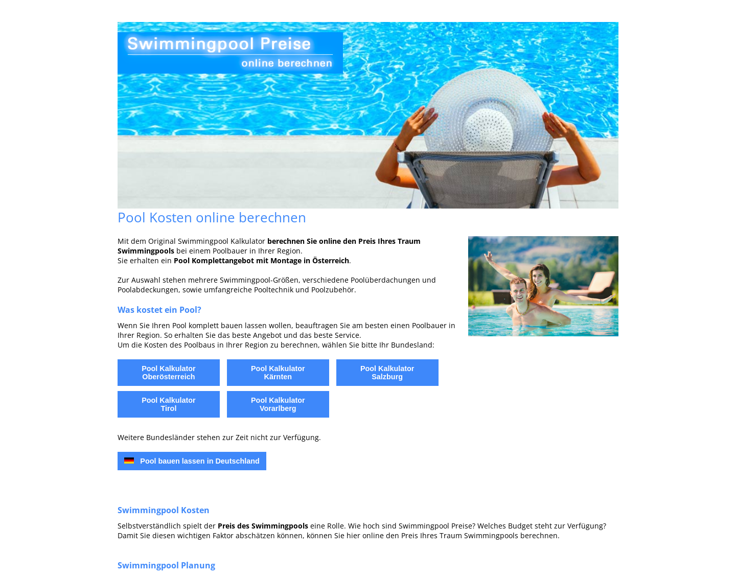 Aktuelle Website-Vorschau von Swimmingpool Kalkulator für Österreich