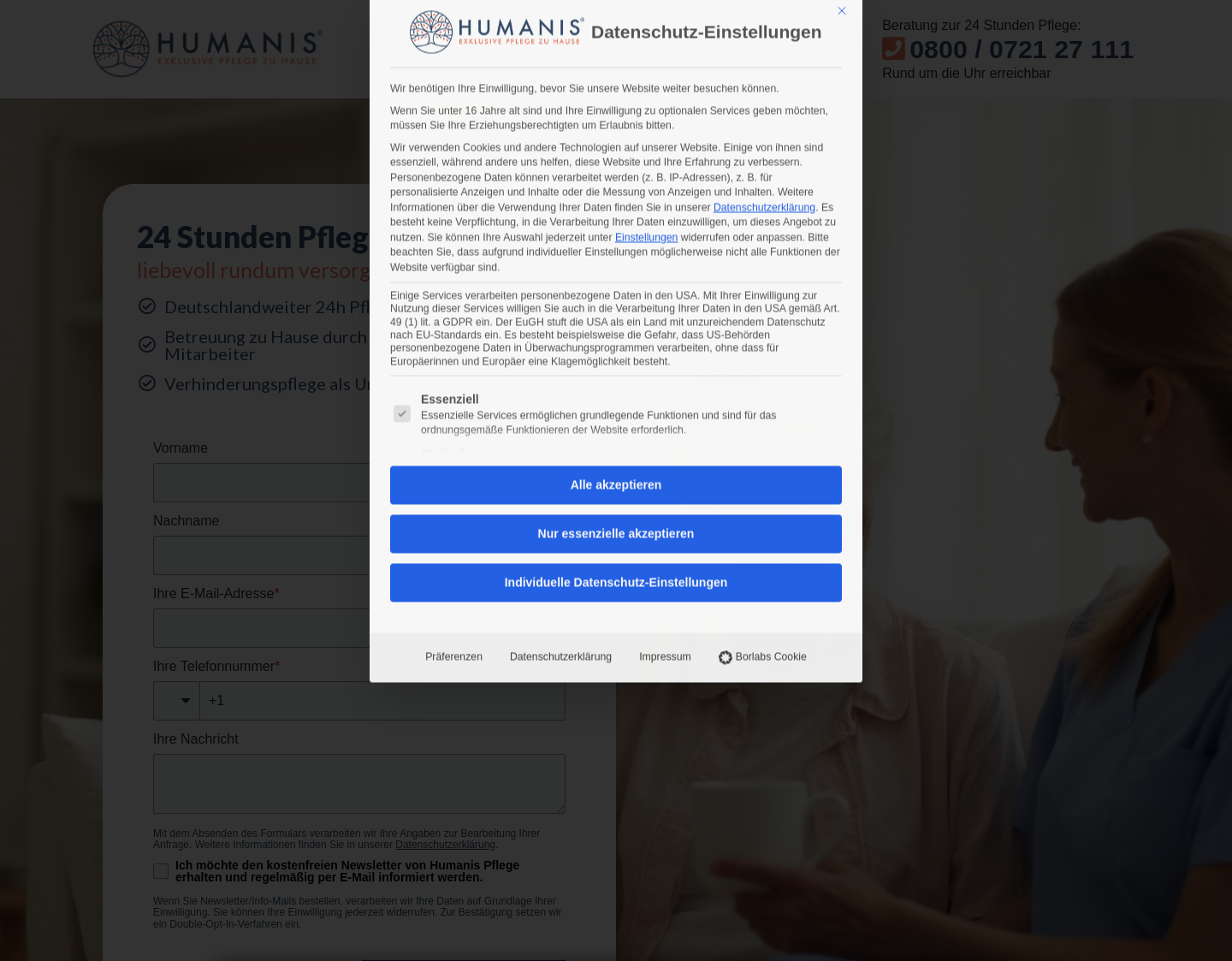 Aktuelle Website-Vorschau von 24h Pflege mit Humanis