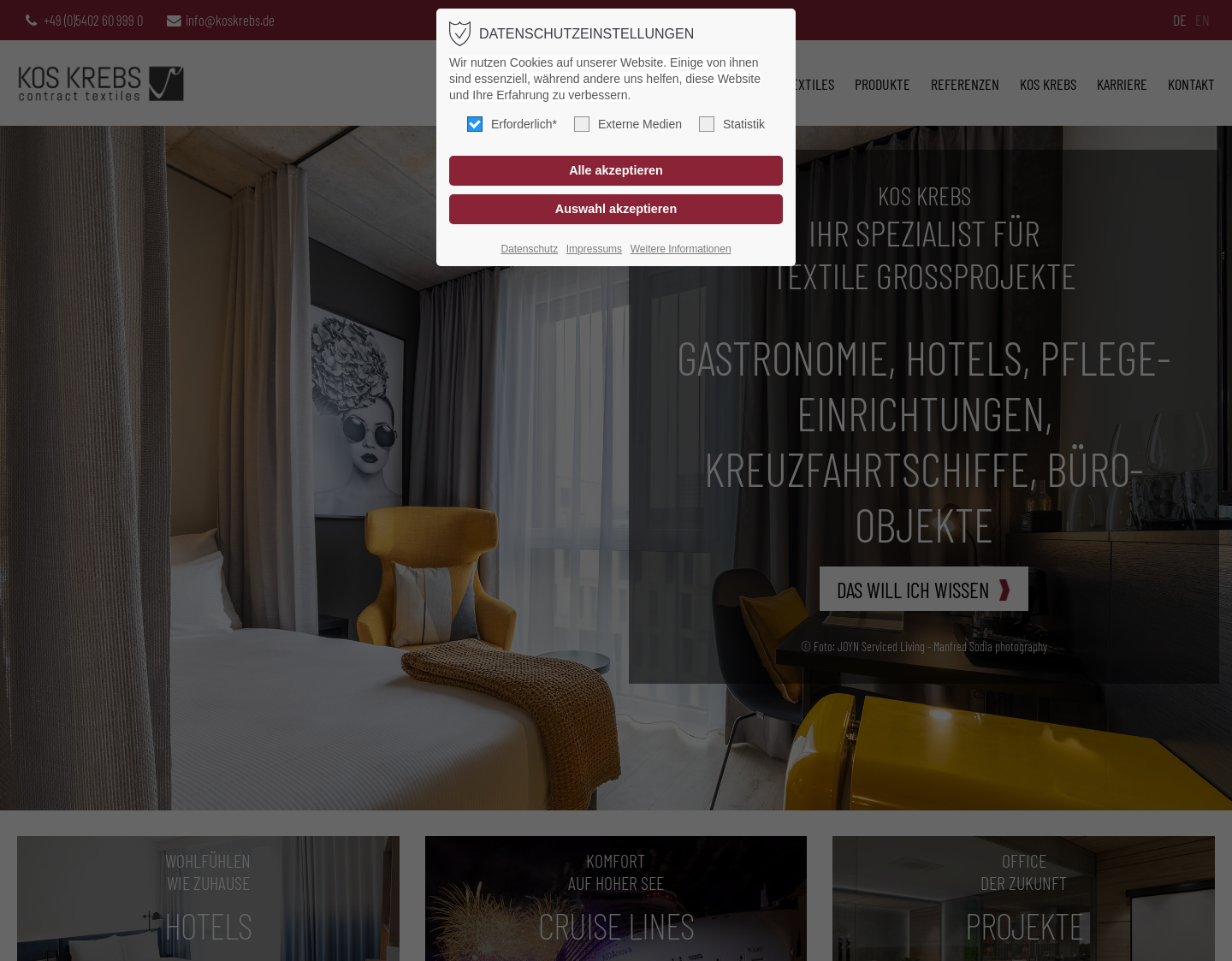 Aktuelle Website-Vorschau von Objekttextilien Hotel