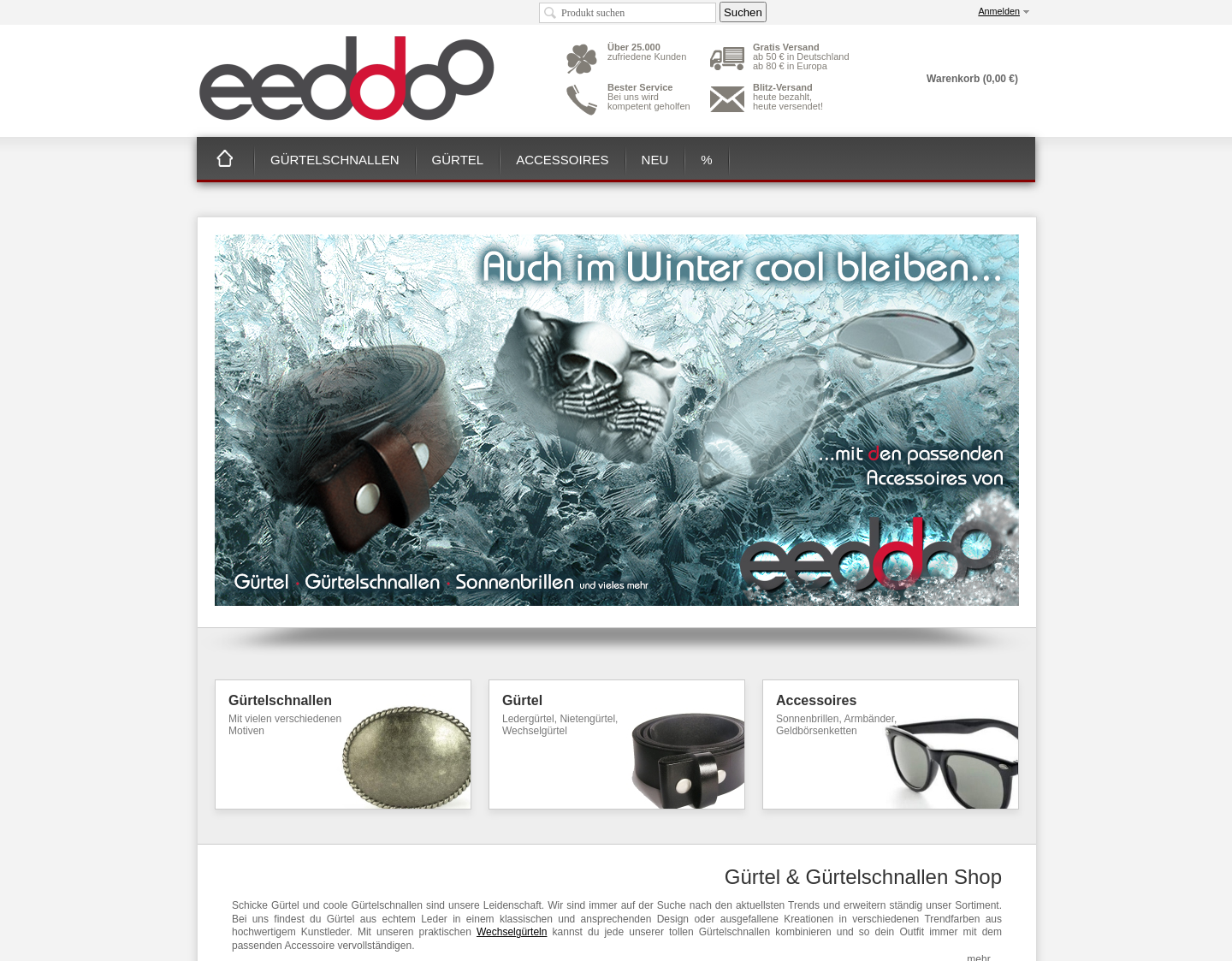Aktuelle Website-Vorschau von eeddoo Gürtel& Gürtelschnallenshop