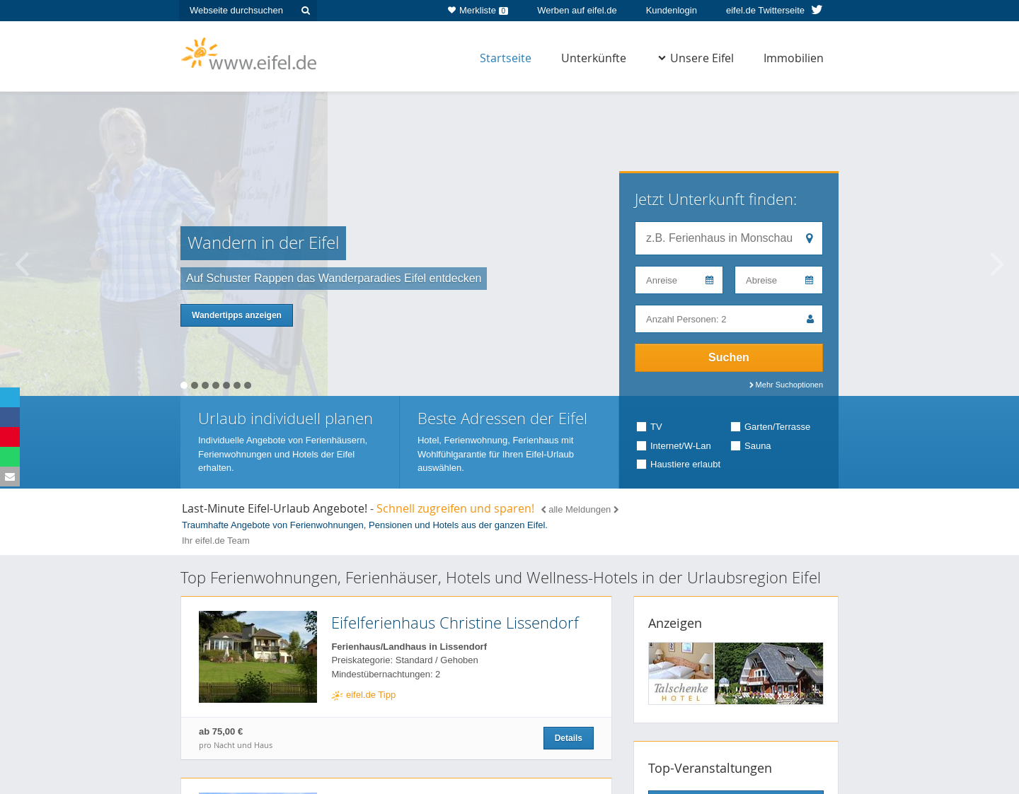 Aktuelle Website-Vorschau von eifel.de - Urlaub in der Eifel
