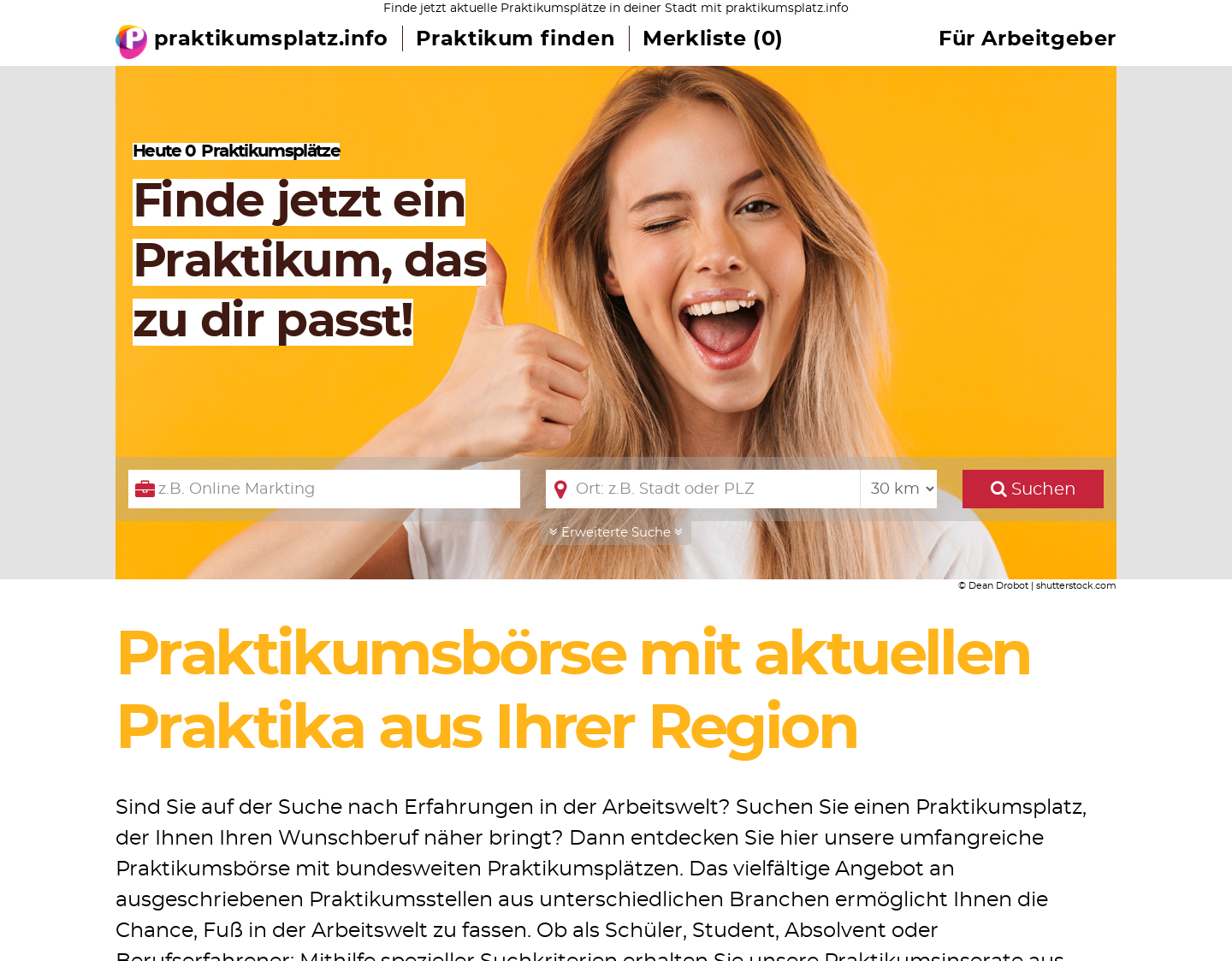 Aktuelle Website-Vorschau von Praktikumsplätze finden