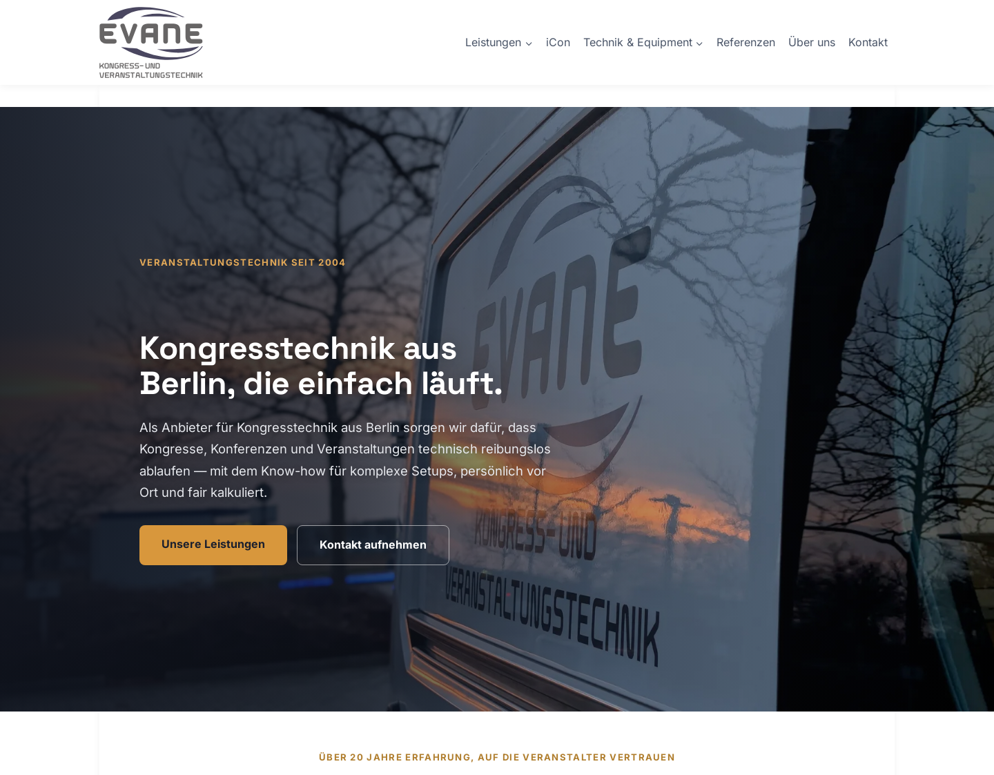 Aktuelle Website-Vorschau von EVANE Veranstaltungstechnik