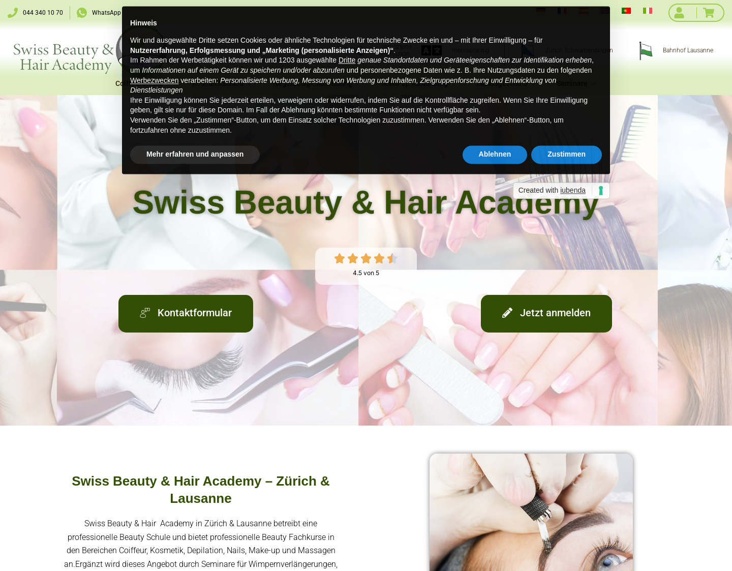 Aktuelle Website-Vorschau von Kosmetik Ausbildung an der Beauty Academy Zürich