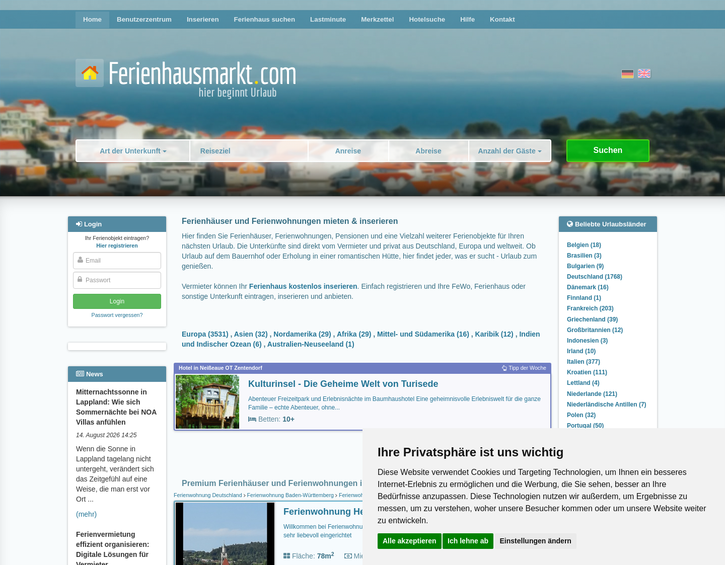 Aktuelle Website-Vorschau von Ferienhäuser